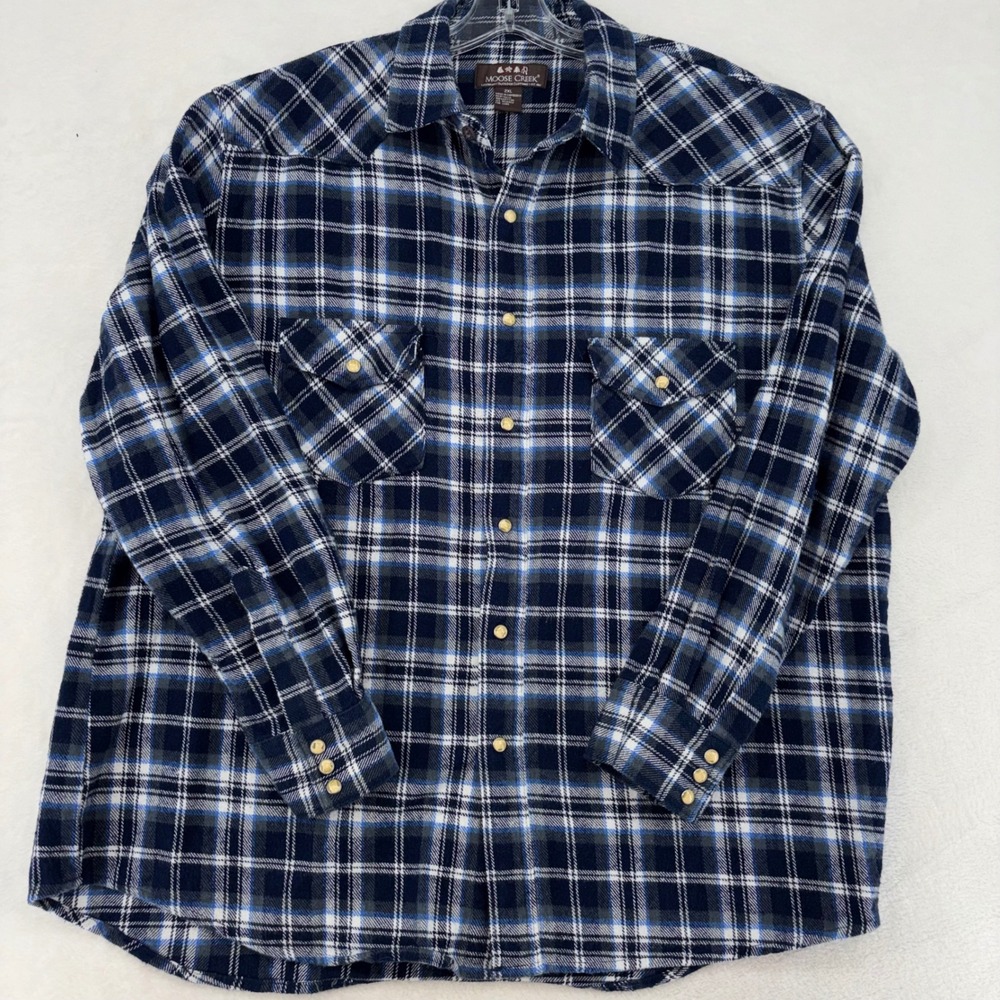 Moose Creek Mens 2XL Blue Plaid Flannel Snap Front Western Shirt Heavy Cotton